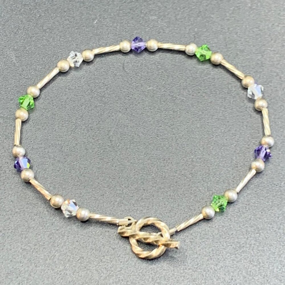 Liquid Silver Bracelet, Crystal Accent Beads & Toggle Clasp 925 Sterling Silver